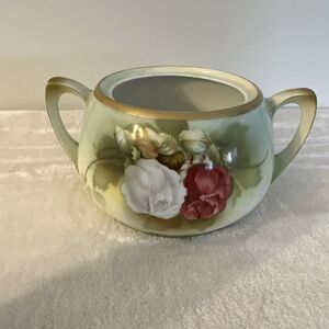 Antique RS Germany Two Handled Bowl Hand painted W Roses No Lid Gold Lime Green